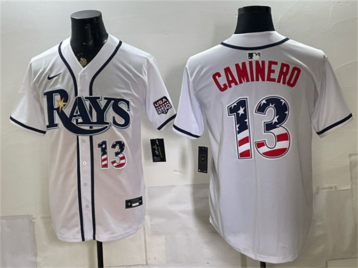 Men's Tampa Bay Rays #13 Junior Caminero White 2026 USA 250 Fourth of July Home Stitched Baseball Jersey